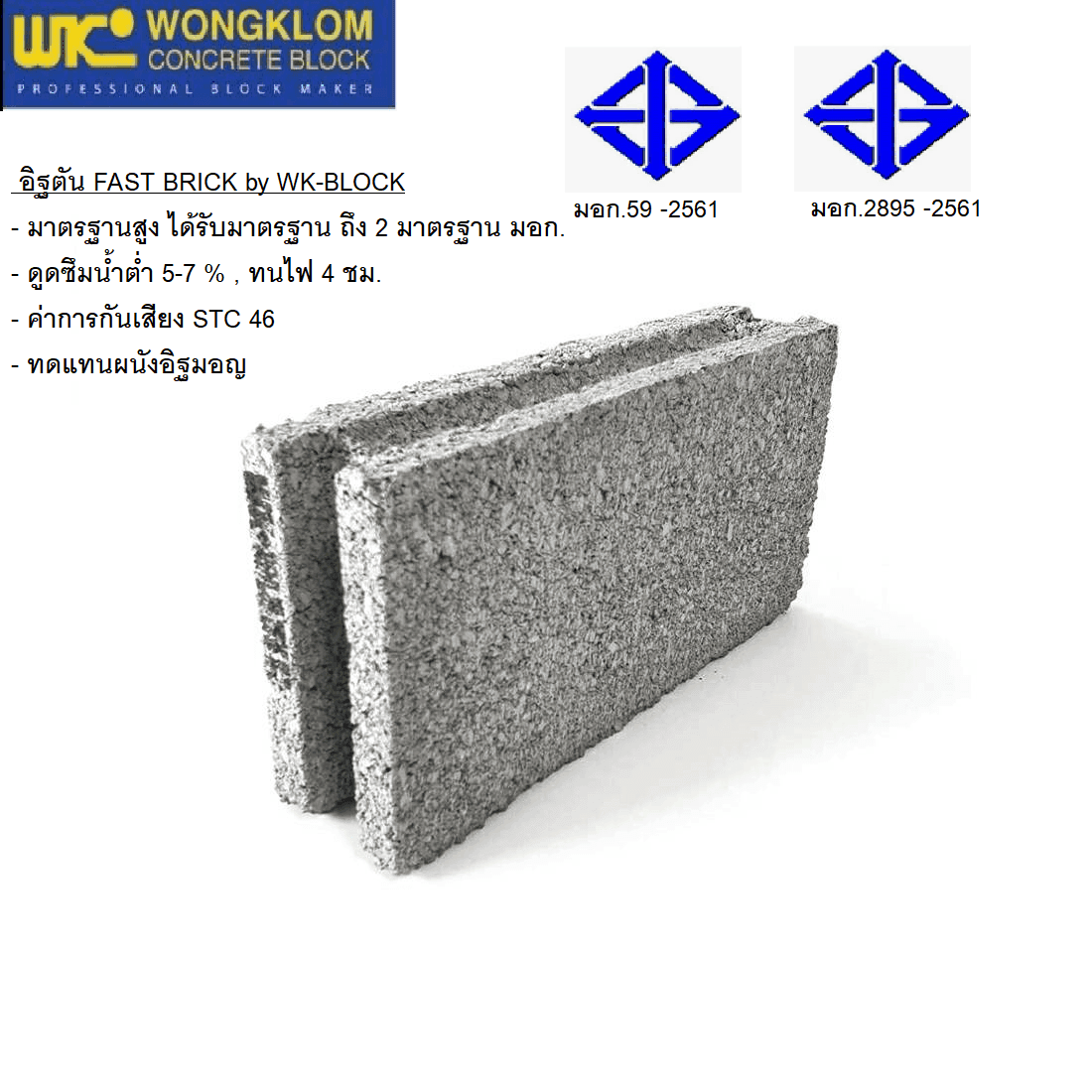 อิฐตัน FAST BRICK ได้รับมาตรฐาน มอก.59-2561 และ มอก.2895-2561